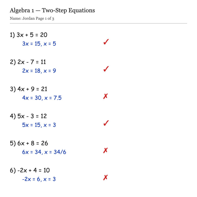 Graded algebra worksheet, page 1